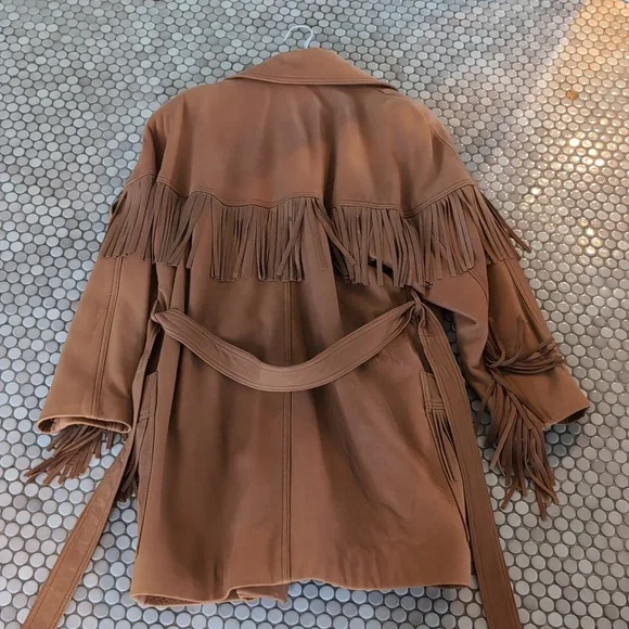 Soft Leather Vintage J.Percy For Marvin Richards Brown Fringe Belted Jacket S M - Picture 3 of 7